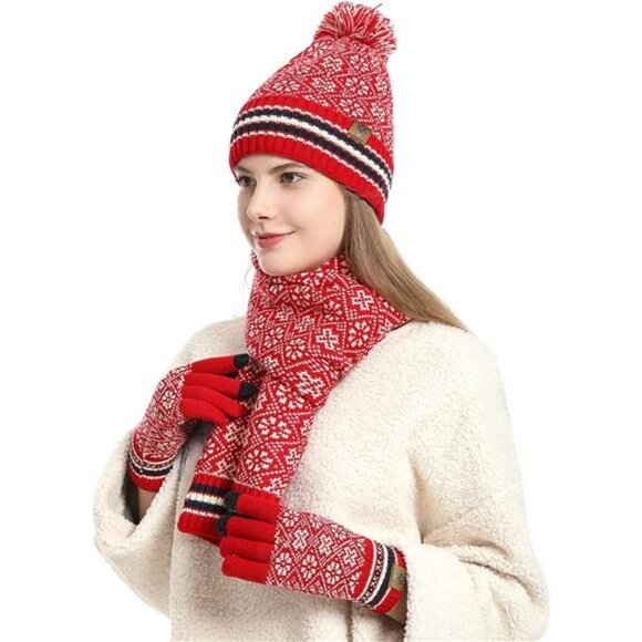 3Pcs Winter Hat Scarf and Touchcreen Gloves for Women, Red main image 3